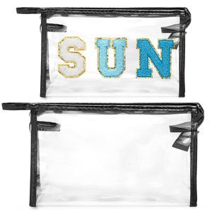 Clear Sun Makeup Bag - 2pcs Preppy Blue Sun Chenille Varsity Letter Cosmetic🦁